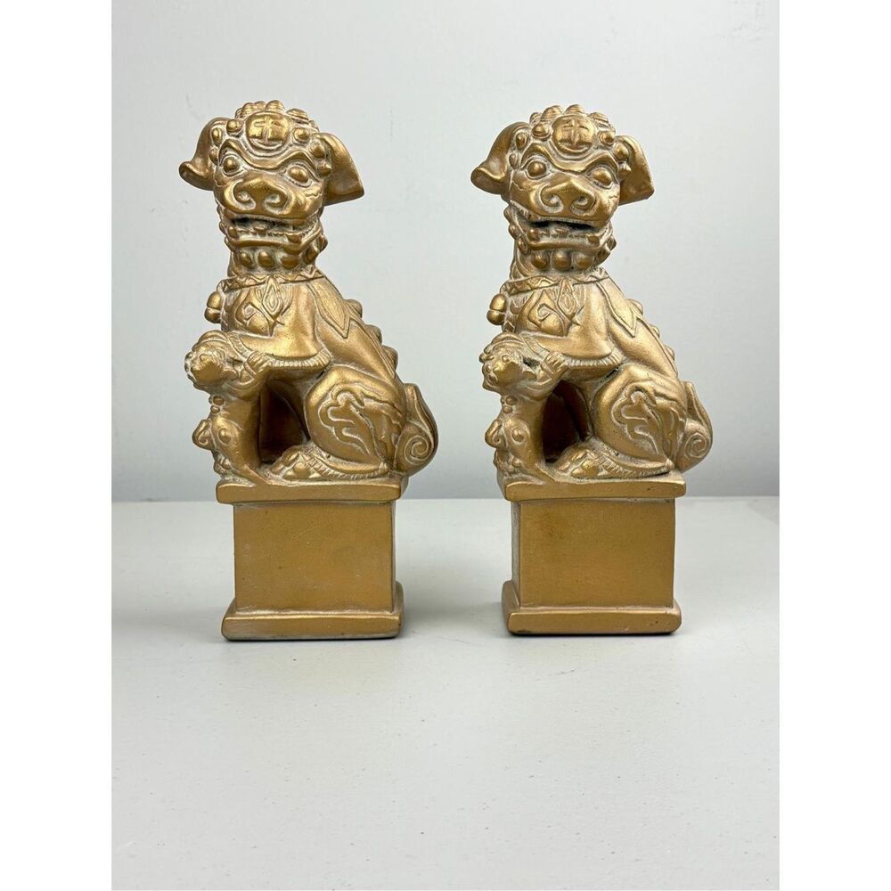 Pair of Chinese Foo Dog with Puppy 11in Gold Chalkware Figurines Statues CJ2579